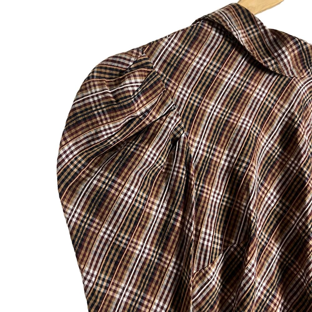 Veronica Beard Isabel Brown Plaid Puff Long Sleeve Mock Neck Top Size 2 - Picture 7 of 15
